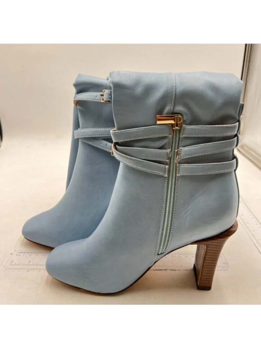 FSJ Women Fashion Knee High Long Boots Pull On Closed Toe Chunky Mid Heel Blue